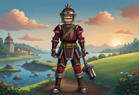 score_9, score_8_up, score_7_up, source_anime, anime coloring, village, detailed background
BREAK
(red flamebreaker set, helmet, armor, boots) solo, looking at viewer, blue eyes, simple background, 1boy, link, standing, full body, male focus, sheikah slate, goron symbol, holding giant weapon, hammer, sunset, clouds, garden.