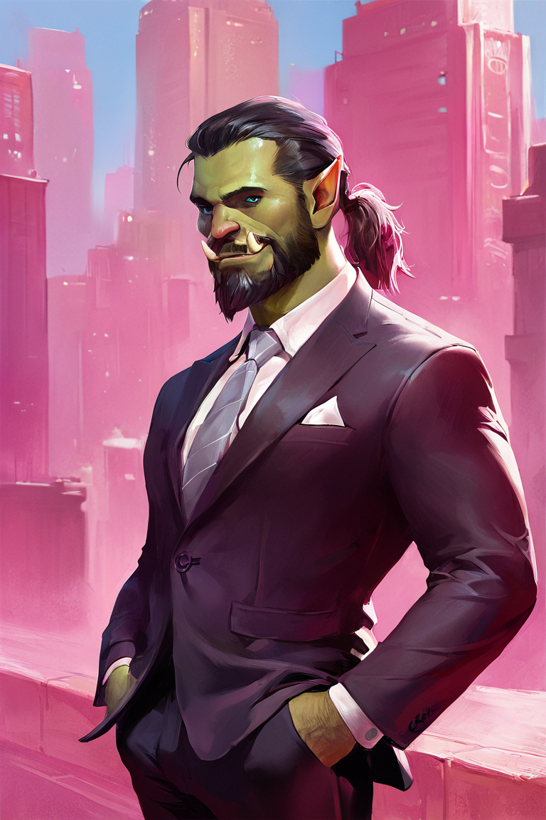 masterpiece, best quality, highres, newest, concept art, digital art, realistic, pink theme, orc, green skin, tusks, facial hair, beard, mustache, medium hair, black hair, hair slicked back, ponytail, blue eyes, formal, black suit, suit, white shirt, collared shirt, grey necktie, long sleeves, black pants, muscular, 1boy, solo, male focus, mature male, smile, looking at viewer, cowboy shot, standing, outdoors, city, building <lora:Pink Dreams [LoRA] - NoobAI-XL EPS 1.0:0.8>