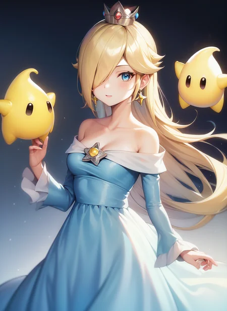 masterpiece, best quality, 1girl, solo, rosalina, blue dress, (luma), crown, upper body, standing, simple background <lora:Rosalina (Mario):1>