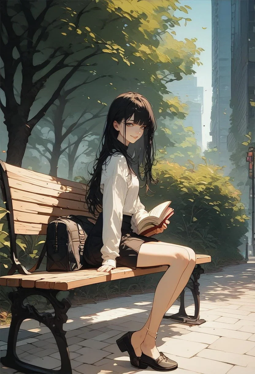 score_9, score_8_up, score_7_up, score_6_up, score_5_up, score_4_up, source_anime, 1girl, solo, 18yo, (slim face:1.5), (bangs:1.2), skinny, thin body, wide hips, thin thighs,.<lora:age_slider_v4:2> <lora:Expressive_H:1><lora:Kenva:0.8>.cowboy shot,.from side,.from front,.bench, book, sitting, looking at viewer, smile, tree, skirt, outdoors, long hair, black hair, bag, open book, day, anklet, black footwear, long sleeves, park bench, black skirt, can, shirt, holding