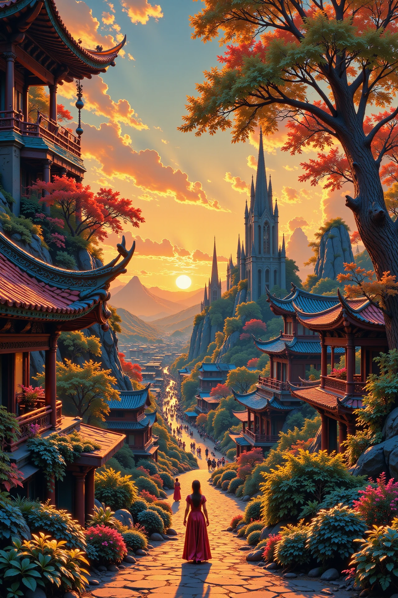 An oriental fantasy city beautiful  landscape, golden hour, woman, very intricate, very detailed, sharp, bright, colorful, <lora:Hand v2:0.5> <lora:Anti-Blur:1><lora:Insane Detail Slider:0.25>  <lora:flux.1_lora_flyway_Epic-detail_v2:0.3> <lora:fluxenhancer:0.25>  <lora:ROWER:0.6>