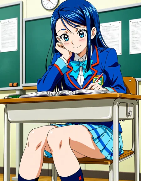 <lora:dmd2_sdxl_4step:1>,1girl,official style,masterpiece,best quality,newest,very aesthetic,highly detailed,high resolution,absurdres,highres,depth of field,super detailed skin,very awa,Anime,anime coloring,anime screencap,<lora:cure_aqua_v1:1>,minazuki karen,thighs,abstract_background,blush,smile,school_uniform,sitting,chair,school_desk,classroom,notebook,pencil,open_book,