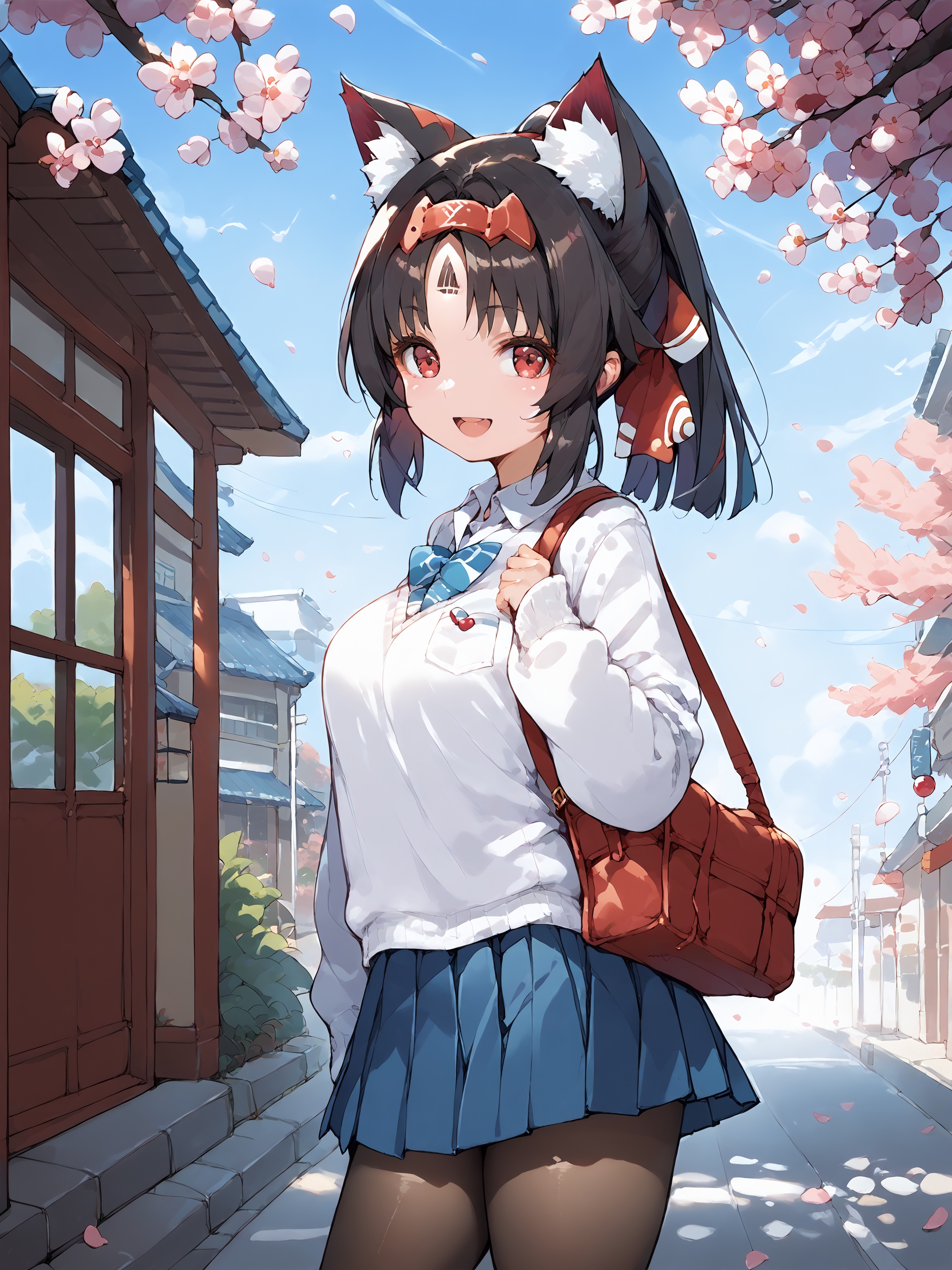 score_9, score_8_up, score_7_up, source_anime, 1girl, nekomiya mana, ponytail, forehead mark, hair ribbon, solo, school uniform, white shirt, sweater, pleated skirt, pantyhose, smile, open mouth, looking at viewer, outdoors, street, cherry blossoms, petals, depth of field  <lora:Char-ZZZ-Nekomiya_Mana-Pony-V1:1>  <lora:style-Ishike:0.5> <lora:style-laserflip:0.5>