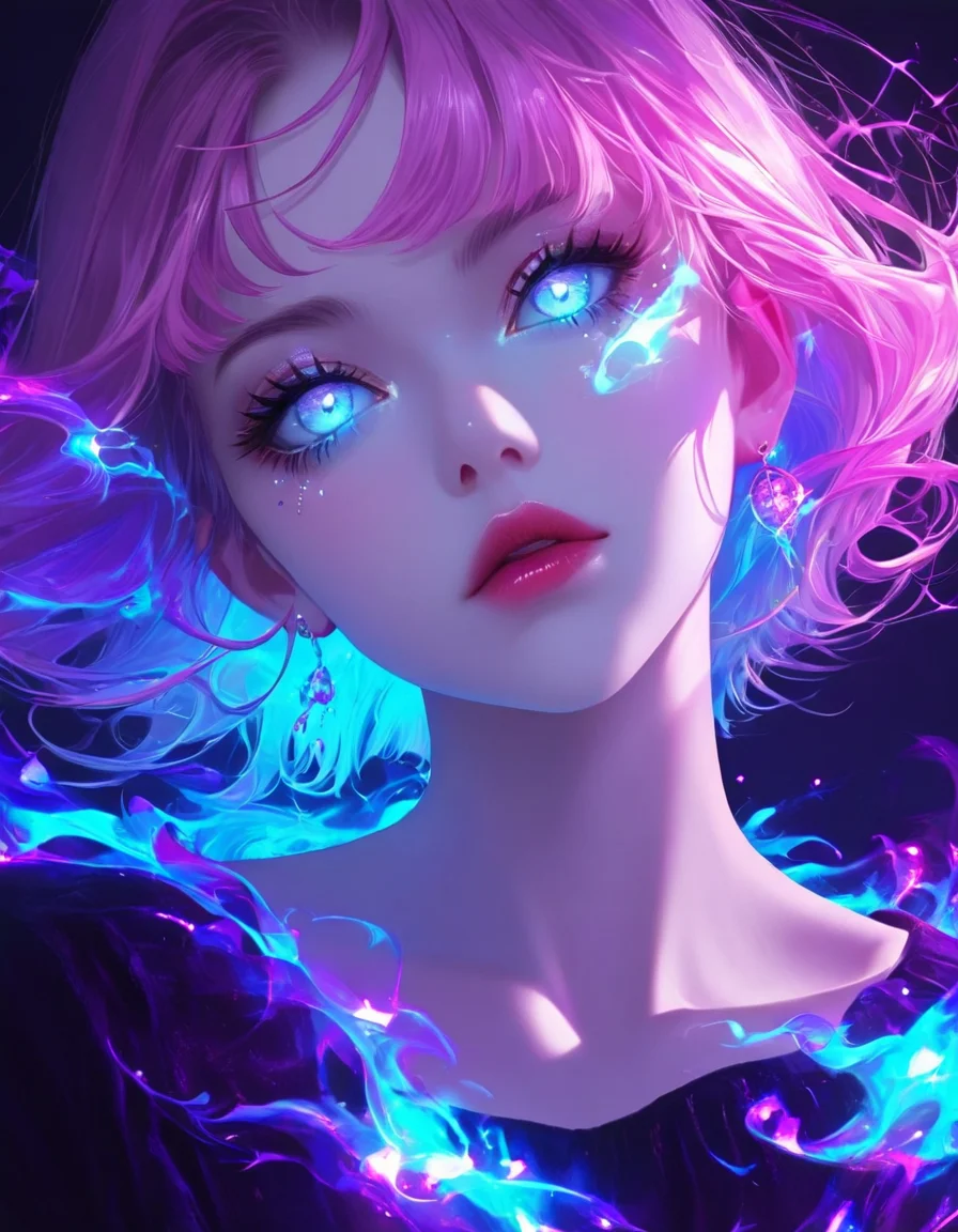 fantastical, ethereal aesthetic,1girl with sparkly eyes, long pink hair, and a glowing, ethereal appearance surrounded by swirling energy in a dark, vibrant purple and blue color scheme.
<lora:fea_xl_v2:0.85>