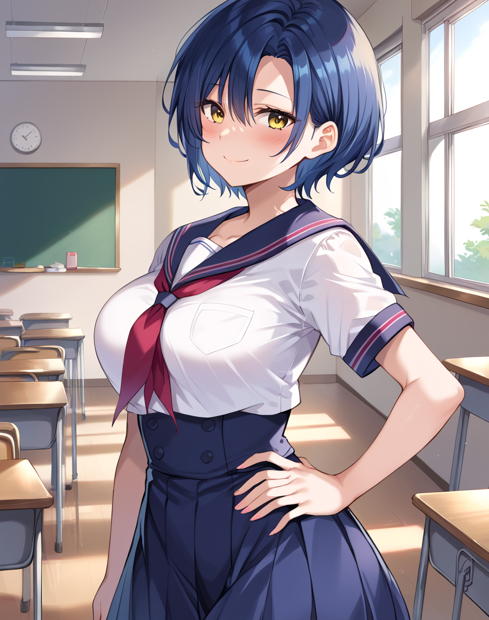 takane sora, blue hair, short hair, yellow eyes, blue skirt, high-waist skirt,shirt, white shirt, sailor collar, school uniform,  breasts BREAK indoors, classroom, sunset BREAK hand on hip, smile, blush, looking at viewer BREAK score_9, score_8_up, score_7_up, source_anime ,zPDXL,<lora:Takane_Sora:0.8>