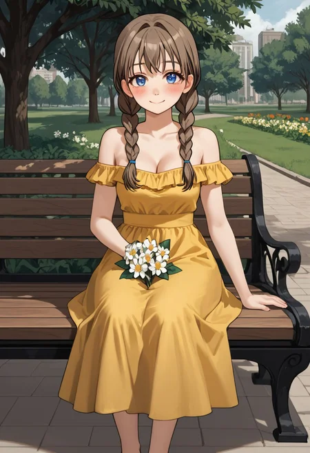 score_4,score_5,score_6,score_7_up,score_8_up,score_9
((masterpiece,best quality,ultra detailed,highres,HD,4k:1.2)),
chibi,fullbody,deformed, deformed characters,
1girl, solo, girl forcus,solo forcus,
outdoor,,
Brown hair, blue eyes, droopy eyes,braided single pigtails,pigtails over shoulder, exposed shoulders, collarbone, cleavage, yellow dress, Daytime, park, sitting on a bench, smiling, holding a flower,
blush,smile,