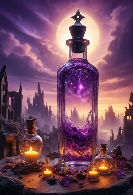 Score_9, Score_8, high_def, highest quality, 4k, best quality, masterpiece, focused, defined, Photorealistic magic potion, intricate glass bottle, elixir, vibrant purple and silver colors, glowing with a soft radiant glow, ethereal light, wax seal, radiant golden highlights, magic lights, luminous, dynamic reflections, magical aura, highly detailed, fantasy essence, glowing spark-like particles, radiant aura, evoking a sense of ethereal beauty and majesty