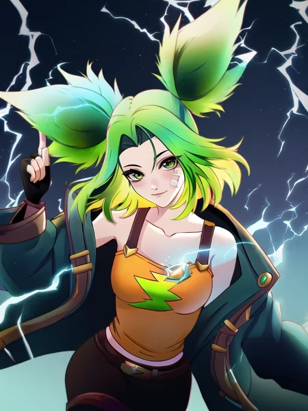 beach, zeri \(league of legends\), league of legends, 1girl, solo, green hair, twintails, bangs, parted bangs, green eyes, bandaid on face, collarbone, bare shoulders, off shoulder, long sleeves, breasts, jacket, blue jacket, open clothes, open jacket, orange tank top, midriff, gloves, black gloves, fingerless gloves, pants, black pants, belt, lightning <lora:zeri-000036:1>