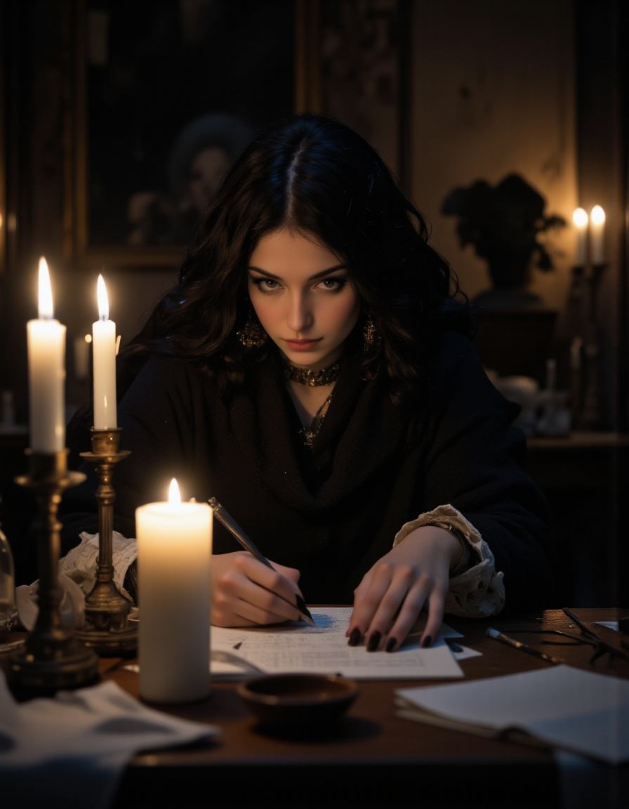 A highly detailed cinematic photography.
A portrait of a woman writing by candlelight and looking at candle . Dark atmosphere, Dynamic scene, deep and emotional, majestic, aesthetic, intricate angle view, subtle lighting and shadows.
Niji style.