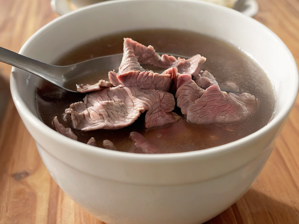 A high-resolution, hyper-realistic image of a bowl of Sweetbeefsoup. This traditional dish features a clear, sweet broth that is the star of the dish. The broth is simmered to perfection, with a hint of sweetness that tantalizes the taste buds. A subtle hint of pink is added to the broth, giving it a unique and appealing look. It's served in a traditional ceramic bowl, placed on a rustic wooden table. The scene is set in a cozy kitchen, with all elements in sharp focus, creating a clear and detailed image. The lighting should be warm and inviting, highlighting the appetizing qualities of the Sweetbeefsoup and the homely atmosphere of the setting, <lora:beefsoup:0.8>