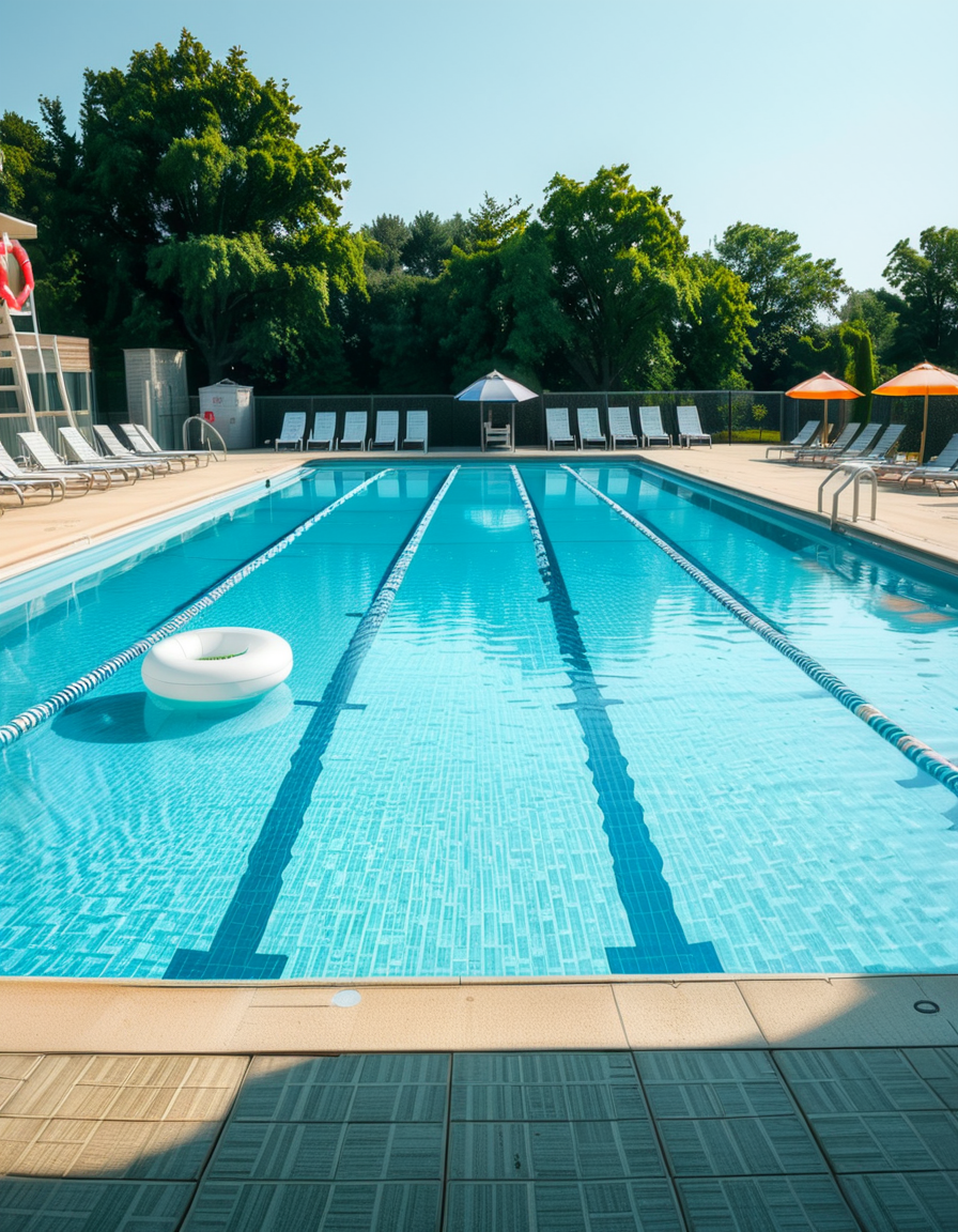 A large public swimming pool on a sunny day, completely empty of people. The clear blue water is still, reflecting the bright sky. Sunlight creates shimmering patterns on the tiled pool floor. The pool deck is lined with neatly arranged lounge chairs and colorful umbrellas. A lifeguard chair stands vacant at the poolside. Surrounding the area, lush green trees and well-maintained landscaping add a sense of tranquility. The atmosphere is calm and serene, with no movement except for the gentle ripples in the water.
<lora:SDXLFaeTastic2400:0.4> <lora:extremely_detailed:0.4> extremely detailed, <lora:public_swimming_p00l:1>,public swimming p00l, Masterpiece,best quality,hi res,8k,hi res,8k,award winning,(sharp focus, intricate, highly detailed),