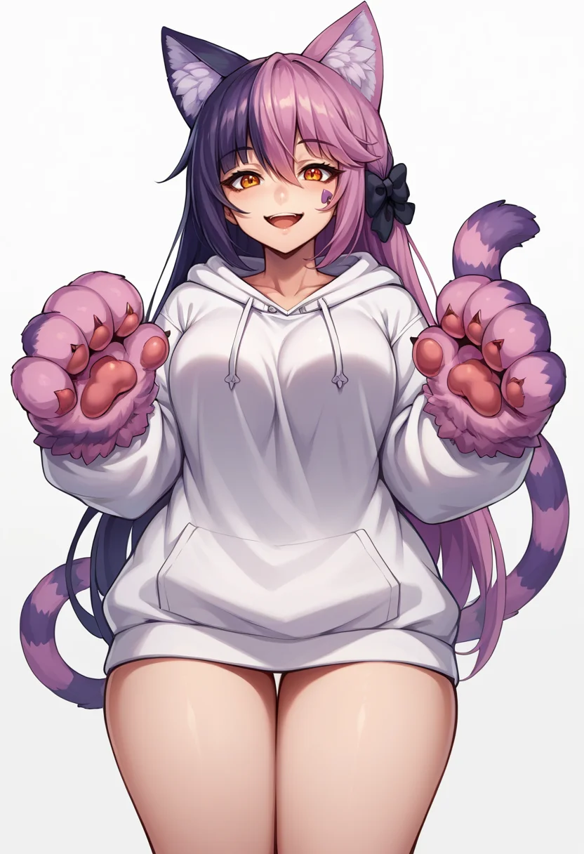 score_9, score_8_up, source_anime, CheshireMGE, two-tone hair, long hair, hair bow, cat paws, facial mark, striped tail, smile, open mouth, white hoodie, long sleeves, oversized hoodie, bottomless, thick thighs, v, simple background, white background, <lora:ChamCheshireCatPonyXL-000004:1>