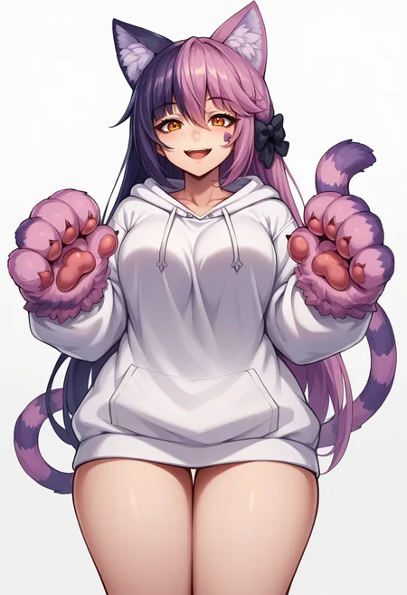 score_9, score_8_up, source_anime, CheshireMGE, two-tone hair, long hair, hair bow, cat paws, facial mark, striped tail, smile, open mouth, white hoodie, long sleeves, oversized hoodie, bottomless, thick thighs, v, simple background, white background, <lora:ChamCheshireCatPonyXL-000004:1>