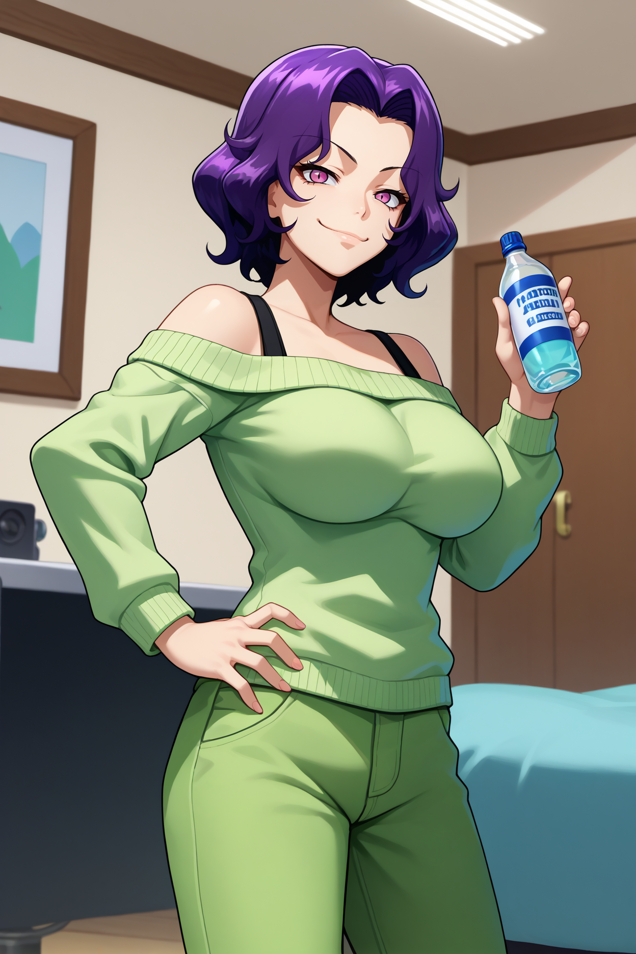 score_9, score_8_up, score_7_up, score_6_up, source_anime, 1girl, solo  <lora:hamaokaazusa-pdxl-nvwls-v1-000005:1> gbaz, purple hair, short hair, wavy hair, purple eyes, large breasts, green sweater, off shoulder, long sleeves, dark green pants, hand on hip, smug, holding bottle, looking at you, apartment, indoors