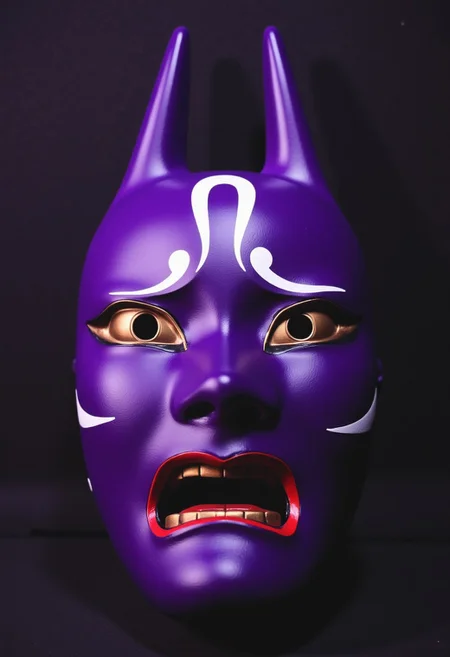 ArsMovieStill, movie still from a 1970s horror movie Studio cursed kitsune mask in a Japanese grave shrine purple miasma