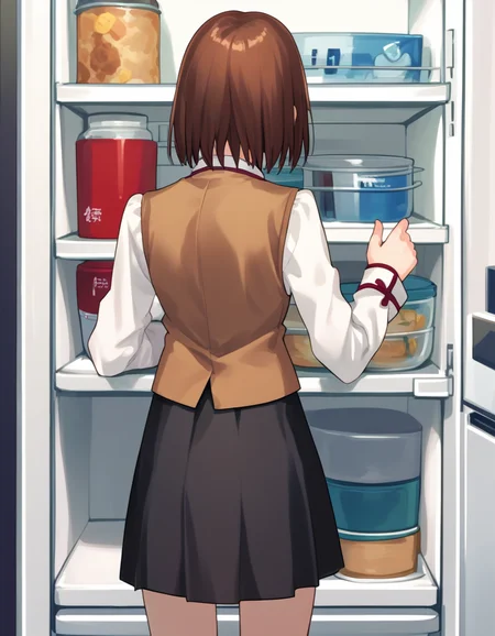 score_9, score_8_up, score_7_up, source_anime
<lora:ayako-ponyxl-000035:1> mitsuzuri, homurahara academy school uniform, vest, brown vest, black skirt,
1girl, from behind, refrigerator