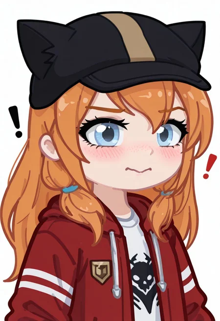 masterpiece,best quality,amazing quality, GachaPumpkinDetective, PumpkinDetective, girl, Blue eyes, redhead, orange hair,sporty dark red jacket with stripes, black hat with ears, portrait, cute , blushing, exclamation marks, white background