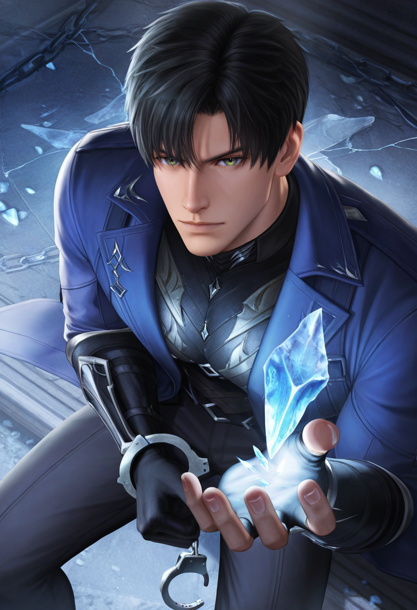 1boy, male focus, looking at viewer, LADS_Zayne, LADS_Zayne_black_hair, LADS_Zayne_hazel_green_eyes, torn LADS_Zayne_long_blue_coat:2.8, LADS_Zayne_silver_armor_trim, LADS_Zayne_wizard_cape, LADS_Zayne_black_gloves, cute expressive angry face, chains, handcuffs, sitting, hands up, close-up, broken crystals, dramatic lighting, blue glow, fantasy, magic, shackles, shattered glass, cold atmosphere, tension, background chains, from above, masterpiece, best quality, ultra-detailed, absurdres, cinematic lighting, realistic shading, intricate details, shiny skin, newest, 8k resolution, octane render, <lora:LoveDeepSpace_Zayne:0.8>