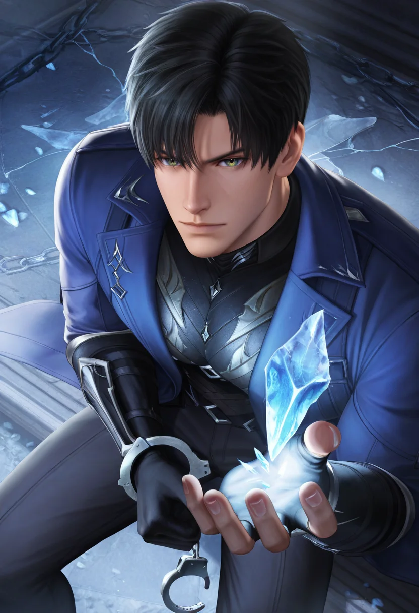 1boy, male focus, looking at viewer, LADS_Zayne, LADS_Zayne_black_hair, LADS_Zayne_hazel_green_eyes, torn LADS_Zayne_long_blue_coat:2.8, LADS_Zayne_silver_armor_trim, LADS_Zayne_wizard_cape, LADS_Zayne_black_gloves, cute expressive angry face, chains, handcuffs, sitting, hands up, close-up, broken crystals, dramatic lighting, blue glow, fantasy, magic, shackles, shattered glass, cold atmosphere, tension, background chains, from above, masterpiece, best quality, ultra-detailed, absurdres, cinematic lighting, realistic shading, intricate details, shiny skin, newest, 8k resolution, octane render, <lora:LoveDeepSpace_Zayne:0.8>