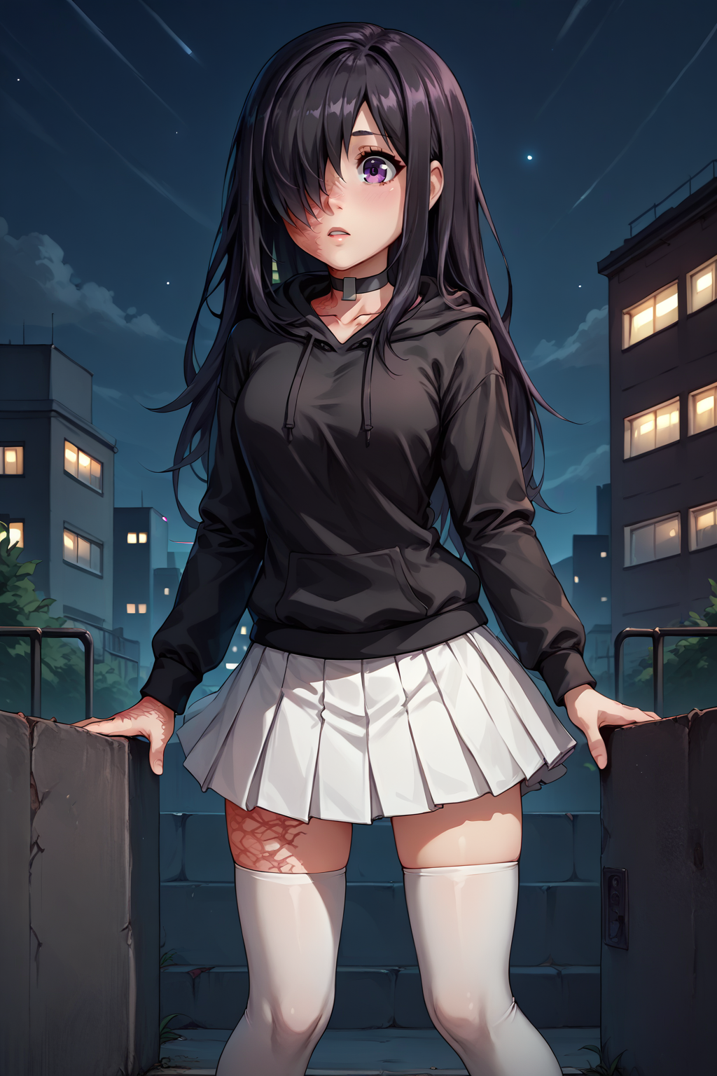 score_9, score_8_up, <lora:NSHanakoKatawa:1> NSHanakoMisc, purple eyes, hair over one eye, black hair, long hair, scar on face, scar on hand, block choker, black hoodie, white skirt, white thighhighs, outdoors, night, city