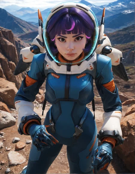 score_9, score_8_up, score_7_up,score_6_up,high resolution,jn0,1girl,mountains,short hair,purple hair,spacesuit,space helmet,jetpacket,gloves,shoes,volumetric lighting,rim lighting,dof,dramatic shadow,looking at viewer,upper body,dynamic pose,looking at viewer,pov,front view,standing