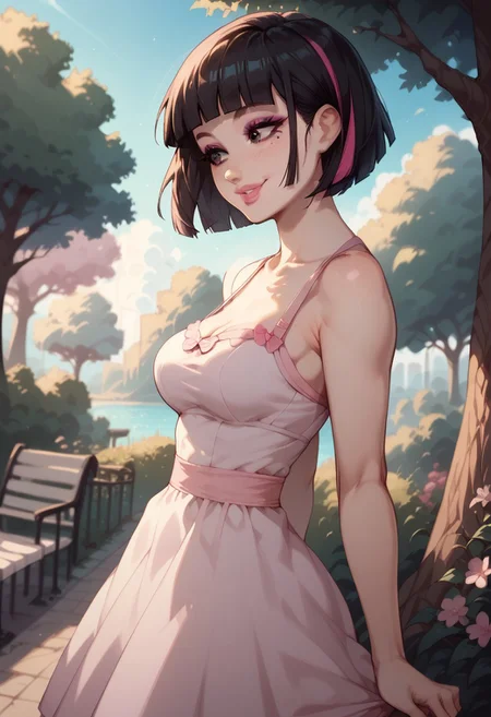 score_9, score_8_up, score_7_up, score_6_up, score_5_up, score_4_up, rckst style, atmospheric lighting, 1girl,Sarah, SarahRH, short black hair, bob cut, straight hair, blunt bangs, dyed bangs (pink), (pink) streaked hair, dark eyes, cute face, beautiful lips, medium breasts, curvy, large hips, pale skin, mole under her eye, moles on her body, makeup, pink lip gloss, smiling, closed lips, side view, standing up, posing, posing cute, outdoors, pink sundress, squared pattern sundress, trees, shadows, aesthetic