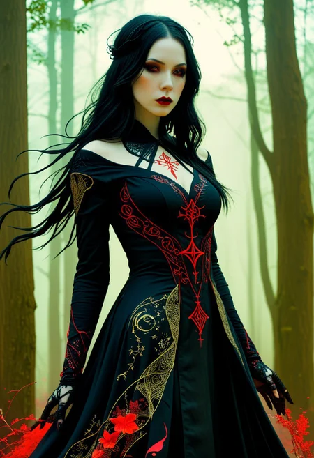 Silhouette Art, magnificent. female dark mage, long black hair, bangs, dark eyeshadow,  red lips, porcelain pale skin, imbued with a dark malevolent beauty, sexy black mage gown featuring arcane symbols embroidered in its fabric, closeup portrait, abstract red-tinged background suggesting a forest glade
BREAK
cinematic angle, unique perspective, dramatic lighting
BREAK
Release me in the fray
Your fever driven craze
Release me, devastatе
Let Hircine guide your way into thе bloodlust