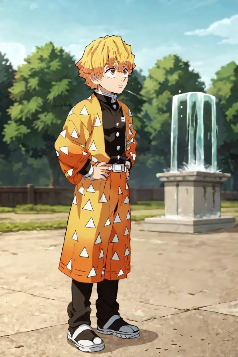 score_9, score_8_up, score_7_up, score_6_up, score_5_up, score_4_up, BREAK source_anime, anime screencap, , , , , depth of field, 1boy, solo, male focus, <lora:zenitsu_agatsuma_pony:0.84>, zenitsu_agatsuma, , demon slayer uniform, taxi driver costume, fountain, Hands on hips, showing readiness or impatience, <lora:sdxl_lightning_8step_lora:1>