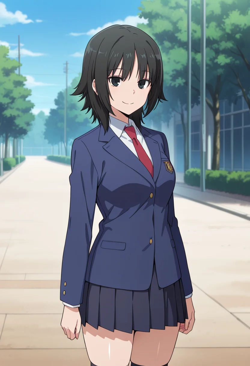 masterpiece, best quality, amazing quality, very aesthetic, absurdres, newest, illustration, perfect composition, intricate details, highres, anime coloring, general, 1girl, solo, (cowboy shot:1.2), atsukoww, black eyes, black hair, medium hair, medium breasts, school uniform, blue blazer, long sleeves, white collared shirt, red necktie, dark navy pleated skirt, black socks, standing, looking at viewer, smile, outdoors, shiny body, shiny skin, skindentation, clear skin, shiny hair, ultra detailed eyes, depth of field, sharp, intricate details, hyperdetailed, ultra-detailed, detailed clothing folds, high contrast, dynamic light <lora:Atsuko_Minami-Ke_ill:1>