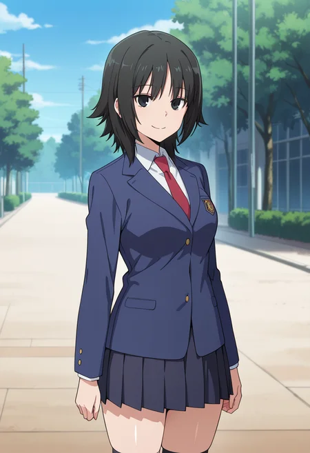 masterpiece, best quality, amazing quality, very aesthetic, absurdres, newest, illustration, perfect composition, intricate details, highres, anime coloring, general, 1girl, solo, (cowboy shot:1.2), atsukoww, black eyes, black hair, medium hair, medium breasts, school uniform, blue blazer, long sleeves, white collared shirt, red necktie, dark navy pleated skirt, black socks, standing, looking at viewer, smile, outdoors, shiny body, shiny skin, skindentation, clear skin, shiny hair, ultra detailed eyes, depth of field, sharp, intricate details, hyperdetailed, ultra-detailed, detailed clothing folds, high contrast, dynamic light <lora:Atsuko_Minami-Ke_ill:1>