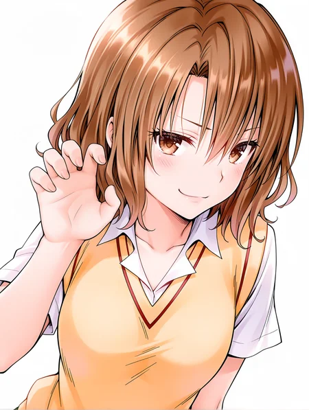 masterpiece,best quality,newest,
1girl,solo,
<lora:m_risa_ilxl_v1.1:1>,momioka,brown hair,brown eyes,m_clothes,short sleeve blouse,sweater vest,
<lora:Fixhands_anime_bdsqlsz_V1:1>,looking_at_viewer,upper_body,face_focus,dynamic_angle,cinematic_angle,light_blush,white_background,simple_background,profile,claw pose,smirk,