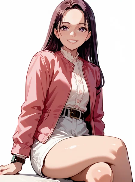 score_9, score_8_up, score_7_up, score_6_up,source_anime anime screencap,  anime coloring,   <lora:PinkTurbo:1>pinkturbo, 1girl, long hair, solo, pantyhose, jacket, skirt, belt, smile, shorts, wristwatch sitting crossed legs,  looking at viewer, simple background,   thick thighs,