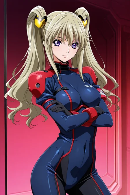 <lora:leila_malcal_CGA_illus:1>leila malcal, hair accessories, pilot suit, 1girl, solo, long hair, breasts, looking at viewer, smile, blonde hair, barrack, hair ornament, gloves, hair between eyes, twintails, medium breasts, standing, purple eyes, black gloves, bodysuit, <lora:Add_more_details_pony:0.8> proportional body, cowboy shot, contrapposto, sexy pose, crossing arms, side view,