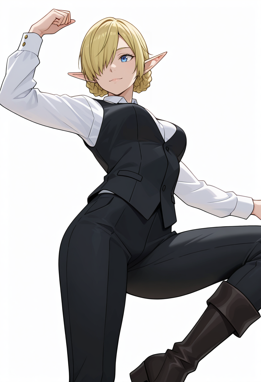 Smooth Quality,masterpiece,very intricate, high quality details, ultra realistic, high detailed skin,detailed enviorement,absurdres, 
simple background, white background, 
from below,dancing,
;),solo, 
 <lora:Kagali_cnn:0.8> 1girl, short hair, blonde hair, blue eyes, pointy ears, braid, hair over one eye, elf,suit, white shirt, formal, long sleeves,  pants, boots,