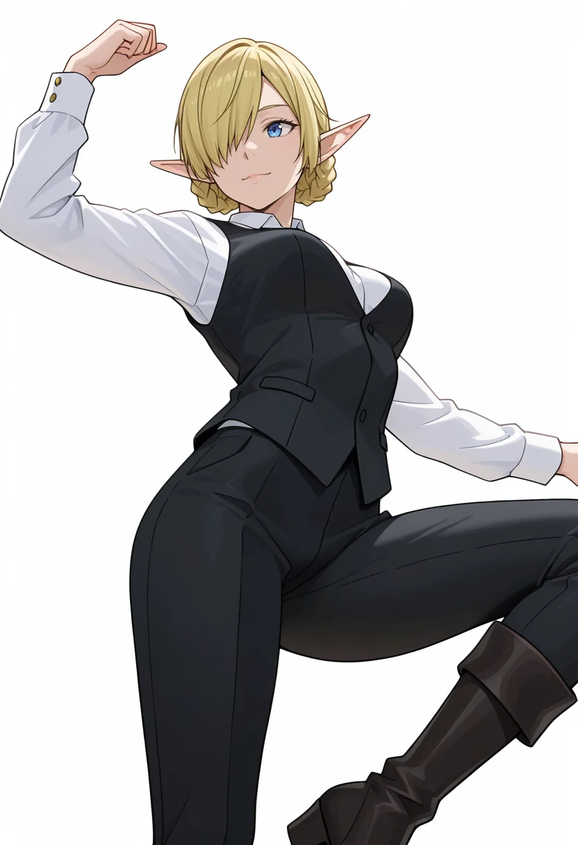 Smooth Quality,masterpiece,very intricate, high quality details, ultra realistic, high detailed skin,detailed enviorement,absurdres,
simple background, white background,
from below,dancing,
;),solo,
<lora:Kagali_cnn:0.8> 1girl, short hair, blonde hair, blue eyes, pointy ears, braid, hair over one eye, elf,suit, white shirt, formal, long sleeves, pants, boots,