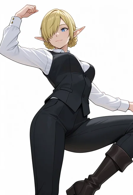 Smooth Quality,masterpiece,very intricate, high quality details, ultra realistic, high detailed skin,detailed enviorement,absurdres,
simple background, white background,
from below,dancing,
;),solo,
<lora:Kagali_cnn:0.8> 1girl, short hair, blonde hair, blue eyes, pointy ears, braid, hair over one eye, elf,suit, white shirt, formal, long sleeves, pants, boots,