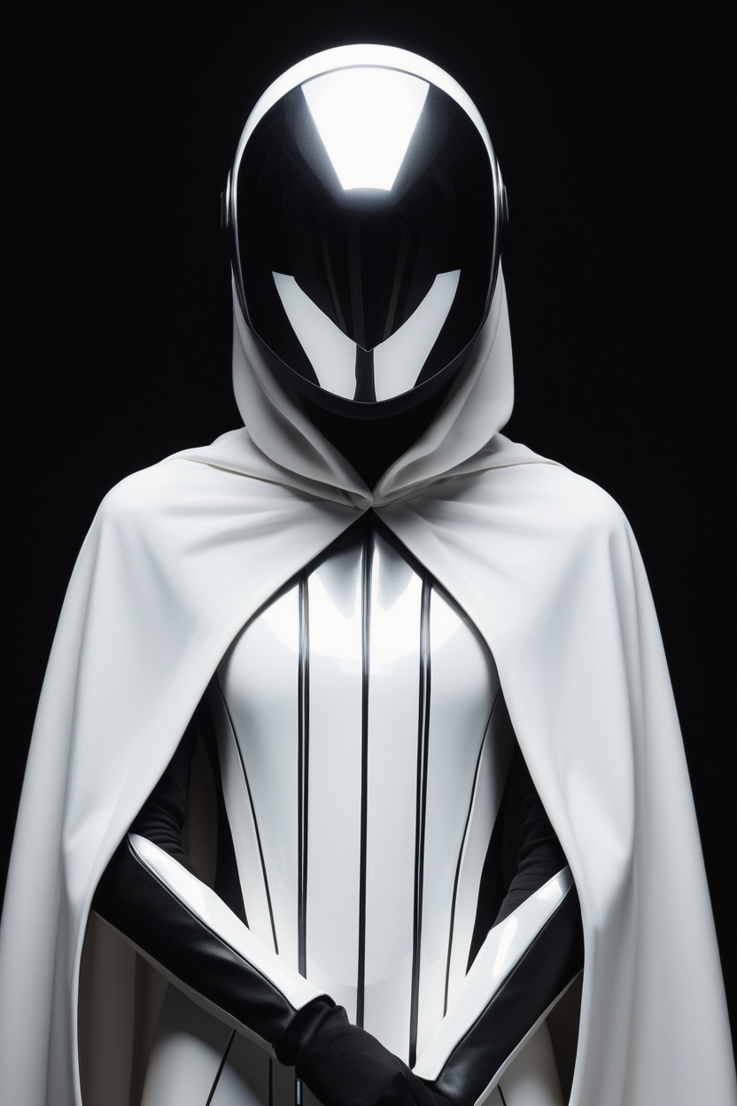 futuristic, minimalist depiction of an enigmatic figure, faceless, dressed in a reflective helmet and white cape, crossing arms, stark black background with faint x-shaped lines, androgynous, abstract styling, smooth and clean textures, inspired by sci-fi aesthetics and minimalism, masterpiece