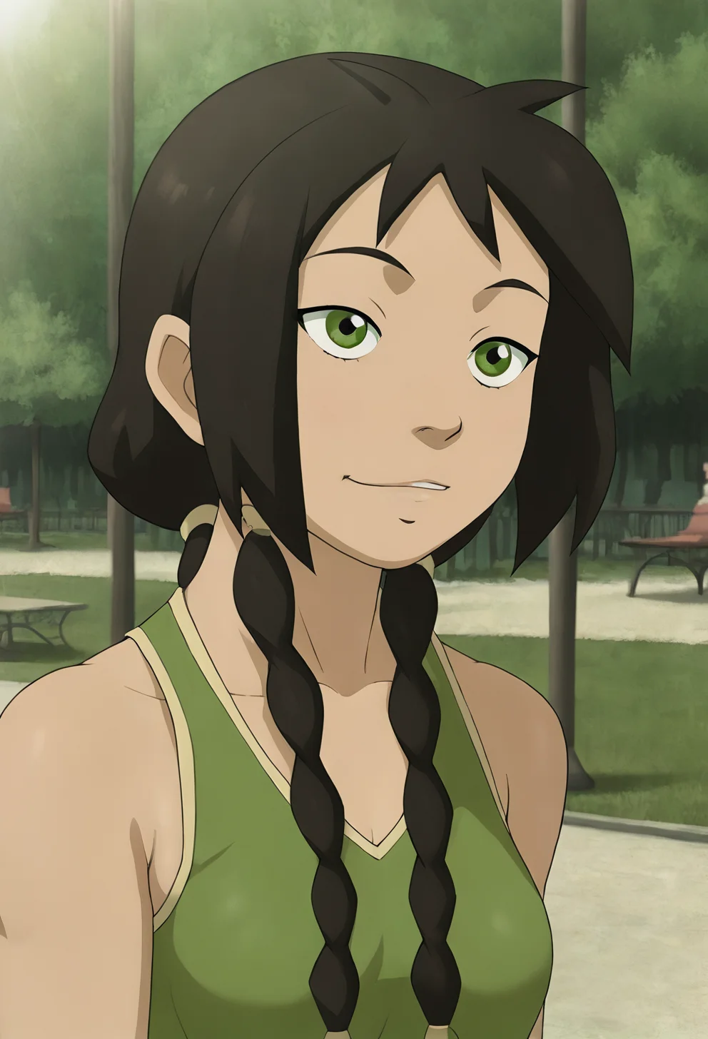 score_9, score_8_up, score_7_up,1girl,source_anime,jinAvatar ,dark hair,green eyes,twin braids,detailed face,detailed eyes,masterpiece,best quality,<lora:jinAvatar (3):1> wearing a crop top,park