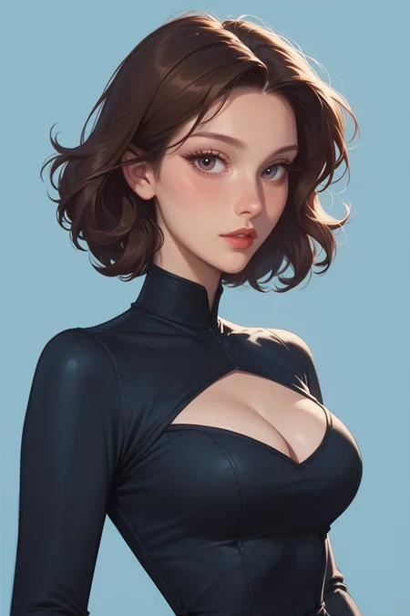 score_9, score_8_up, score_7_up, 1girl, portrait, parted lips, looking at viewer, parted lips, blue background, eyelashes, blush, beautiful, large breasts, small waist, thin, tight black dress, cleavage cutout, long sleeves <lora:DisneyLikePony:1>