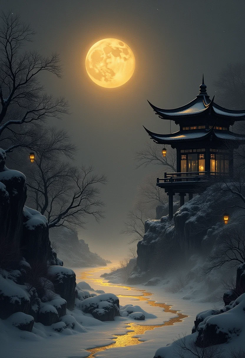 Embark on a minimalistic journey to an ethereal world, where stark contrasts of light and shadow elegantly merge with Chinese architectures intricate lines. A serene atmosphere permeates this black-and-gold landscape, shaped by delicate frostbite yet hinting at hidden warmth beneath layers of icy mist. Intricate forms of ancient architecture emerge like silhouettes in the moonlit fog, refined through simplicity and balance—symbolizing timeless elegance intertwined with the unyielding forces of nature. Gold tones gracefully highlight architectural details, inviting contemplation on harmony within contrasts. Each line is drawn with precision to express beauty through minimal elements, delicate strokes hint at complexity beneath their apparent simplicity. Negative spaces surrounding these forms serve as quiet whispers inviting the viewer into this enigmatic wintry paradox, where balance teeters between lifes extremities. Let create this sparse yet evocative tableau—a minimalistic ode to the subtle beauty found in the cold embrace of a winter night, illuminated by moonlights ephemeral glow. Here, simplicity meets sophistication in an enchanting dance of light and shadow—a monochromatic masterpiece capturing the essence of harmonious coexistence between Chinese tradition and the frozen wilderness. In this world of minimalist abstraction, darkness serves as both muse and constraint—shaping forms with its mysterious presence while leaving space for imagination to flourish amidst its vastness. Amidst its cold vastness, ancient treasures stand resilient—a testament to enduring beauty found in unexpected places. Allow yourself to be drawn into this enigmatic world of shadows and light, guided by masterful brushwork. Discover the haunting beauty hidden within minimalistic lines as they create intricate stories on the blank canvas of winter—an entrancing dance between darkness and gold, between tradition and wilderness, captivating all who dare venture into its surreal embrace.