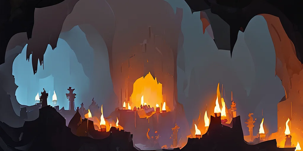 a dark cavernous cave lit by torches and sconces 512PaintStyle3-Light