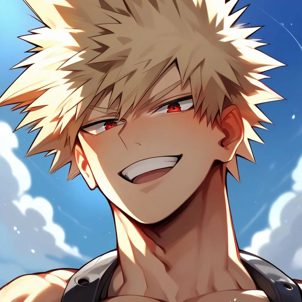 score_9, score_8_up, score_7_up, source_anime, anime, anime coloring, looking at viewer, 1boy, solo, male focus, abs, toned male,  bust shot, seductive smile, open mouth, bakugo, blonde hair, red eyes