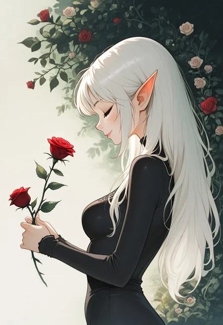 masterpiece, best quality, amazing quality, 1girl, elven girl, sharp pointy ears, solo, long hair, smile, white hair, long sleeves, holding, upper body, closed eyes, flower, black shirt, eyelashes, lips, flowers, roses, freckles, holding rose flowers, red flower,medium breasts, ArsMJStyle, Delicate Whimsy，
Studio Ghibli Dark Fairytale,
colorful <lora:noobai_ep11_stabilizer_v0.138_fp16:0.3> <lora:NOOB_vp1_detailer_by_volnovik_v1:0.3> <lora:Dark_Ghibli:0.8> <lora:DelicateWhimsyIllustrious:1>