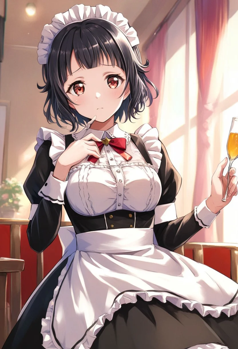 1girl, solo, bang dream!, ushigome rimi, black hair, brown eyes, short hair, bangs, maid dress, frills, maid headdress, (SuperQuality), red eyes, cafe background, breast view, incredibly absurdres ,medium breast, score_9,score_8_up,score_7_up,score_6_up,source_anime,