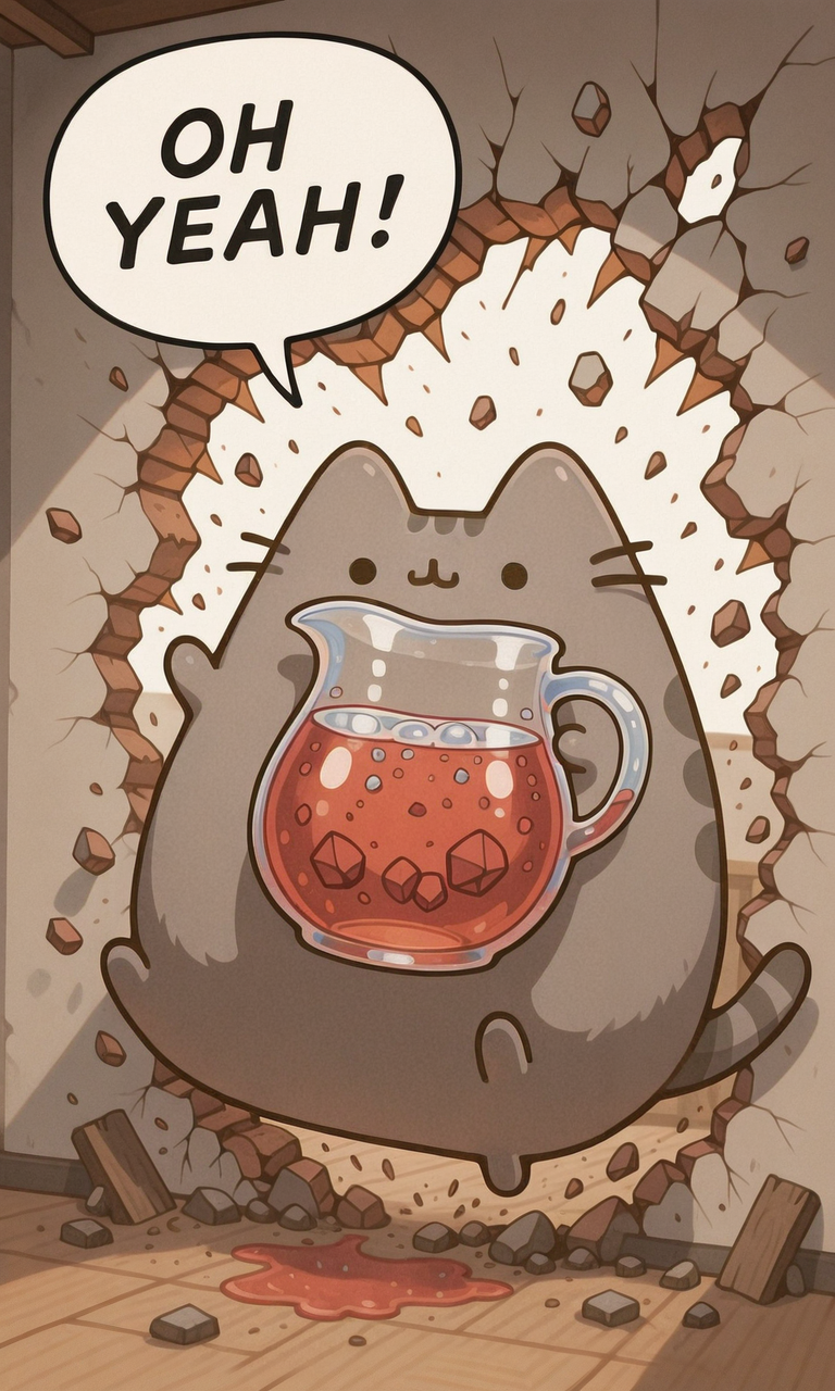 embedding:IllusP0s, OH YEAH!, breaking through wall, holding pitcher, speech bubble, debris, pusheen, no humans,<lora:PusheenIXL.safetensors:1.0:1.0> <lora:OH YEAH_Illustrious.safetensors:1.0:1.0>