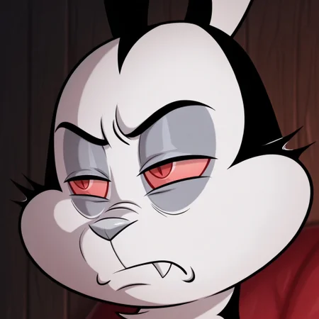 masterpiece, best quality, amazing quality, bunnicula, male, furry male, feral, solo, rabbit, black fur, white fur, two tone fur, red sclera, red eyes, fangs, grey nose, tail, paw pads, narrowed eyes, scowl, upset, close up, portrait