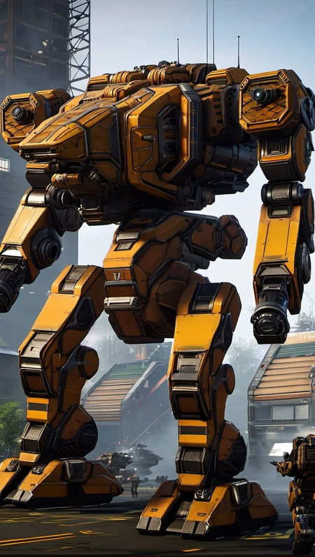 (BATTLETECH:0.8), best quality, masterpiece,mech, (large size robot:1.5), glowing, (full body:1.2),mechanical parts, robot joints, (Detailed eye description:1.2),(huge mechanical weapon:1.3),(detailed shield description:1.2), (detailed weapon description:1.2),(huge mechanical gun:1.2), (holding weapon :1.6) <lora:srdxl_v2k:0.4>