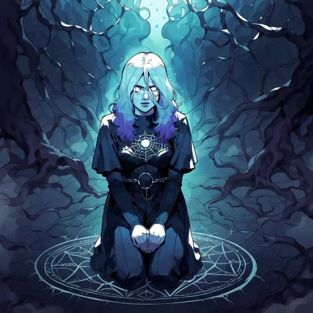 score_9, knva, 1girl, Sable Ward, on knees, salt circle, performing a magic ritual, white eyes, possessed, ethereal spider webs, horror, possession, etherial spiders, fog, shadows,