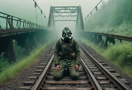 A man in a gas mask crosses a railway bridge, people lie on the ground, thick green fog surrounds the scene, post apocalyptic, scary, high detail, 8k