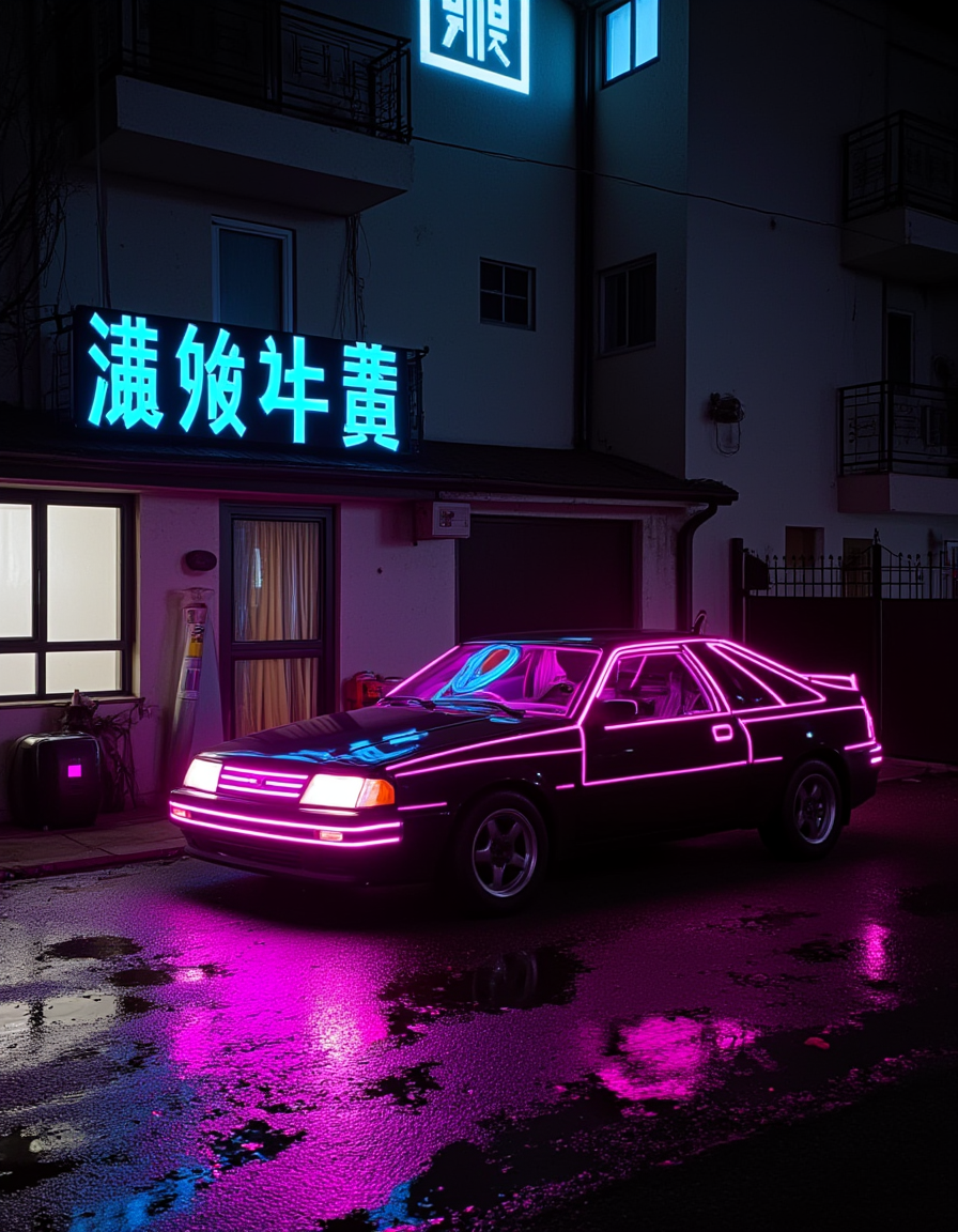 <lora:CWMinis01v2flux:1> cw01mini, cyberpunk, cyberpunk car, garbage, glow, glowing kanji, house, illuminated, low angle shot, low apartment, night, wet, reflections, car neons,